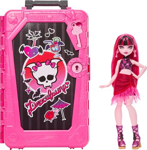 Monster High Skulltimate Secrets Draculaura Conjunto de bonecas e acessórios Destination: Gore-geous Oasis com mala e mais de 19 surpresas, incluindo roupas, JDR50