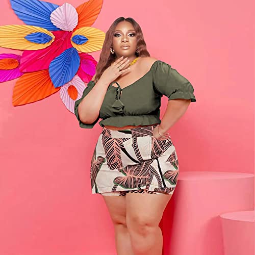 Image of Women Plus Size Skirt Two Piece Outfit Short Sleeve Off The Shoulder Crop Top shorts Dress Suit Set