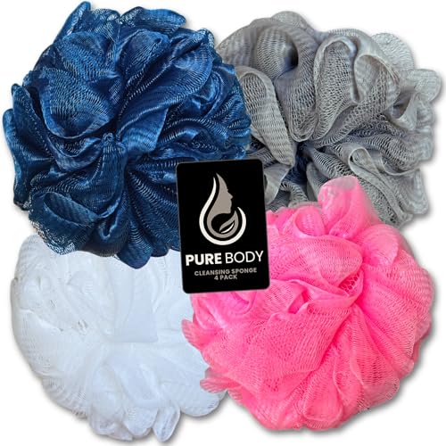 Loofah Sponges for Shower and Bathing, Pink White Blue and Gray Exfoliating Body Scrubbers Multi Pack, Shower Puffs for Men or Women, Travel Bath Accessory
