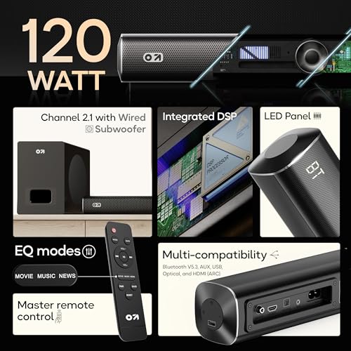 Image of GOBOULT X120 2.1 Channel Bluetooth Soundbar with BoomX Subwoofer, 120-Watt Output Surround Sound, EQ Modes, Remote Accessibility, USB /HDMI /AUX & Optical Fiber Connectivity Sound bar (Black)