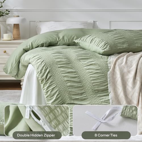 Image of JELLYMONI Light Green Duvet Cover Full Size, 3pcs Washed Microfiber Bedding Set, Soft Breathable Wide Seersucker Duvet Cover Set with Zipper Closure and Corner Ties for All Seasons