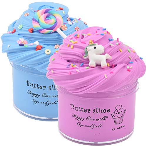 Unicorn Butter Slime Pink Purple Colors with Sprinkles, Blue Candy Slime with Fimo Slices, Birthday Gift Cotton Mud Premade Slime Kit Scented DIY Sludge Toys Gift for Girl Boy, 2 Pack(100ML Each) Unicorn Butter Slime Pink Purple Colors with Sprinkles, Blue Candy Slime with Fimo Slices, Birthday Gift Cotton Mud Premade Slime Kit Scented DIY Sludge Toys Gift for Girl Boy, 2 Pack(100ML Each)