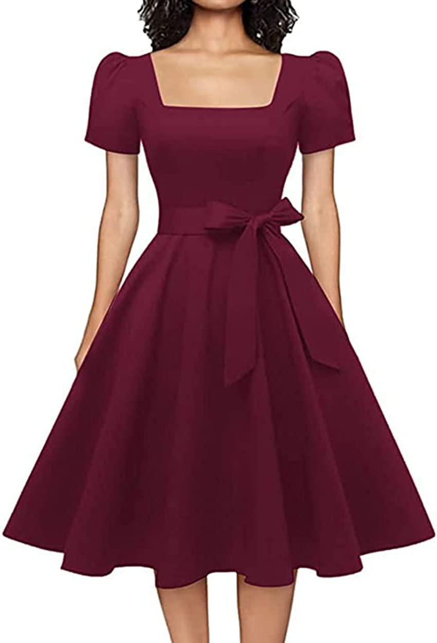 OBBUE Women's Square Neck Dress Vintage 1950s Cocktail Party Dress with Puff Sleeves