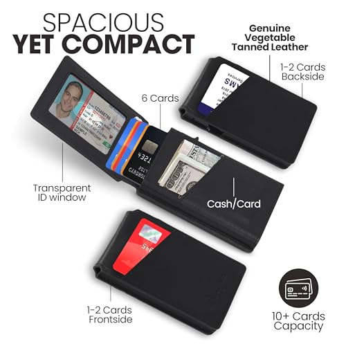Wallet for Men - Genuine Leather RFID Blocking Wallet, Mens Minimalist Wallet, Slim Compact Wallet with ID Window, Smart Pop Up Card Wallet, Metal Aluminum Credit Card Holder Bifold Wallet (Black)2