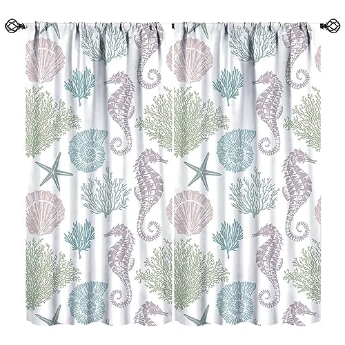 JESTRONRY Starfish Seashells Curtains,Seashell Coral Window Treatments Kids Bedroom Curtain, Ocean Beach Theme Home Decor Blackout Drapes 42x54in