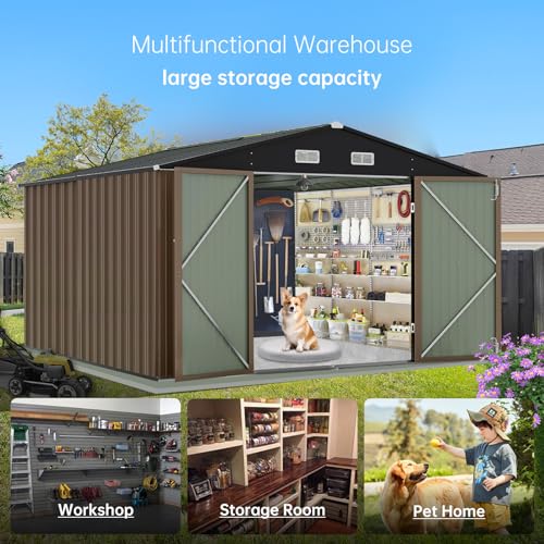 12x10 Ft Outdoor Storage Shed, Large Steel Multipurpose Yard Shed, Metal Outdoor Tool Shed with Sloped Roof and Door Lock Design for Organizing Tools & Equipment in Yard, Garden, Brown