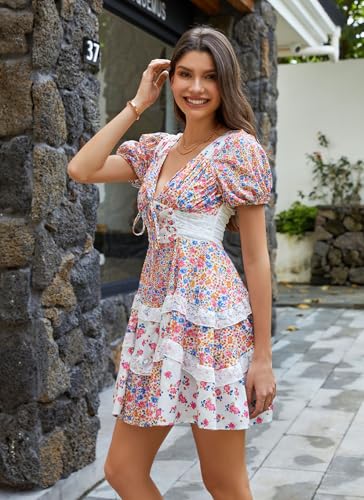 Image of hibshaby Women's Floral Patchwork Dress V Neck Lace Layered Ruffle Flowy Babydoll Dress Puff Sleeve Tiered Mini Sundress
