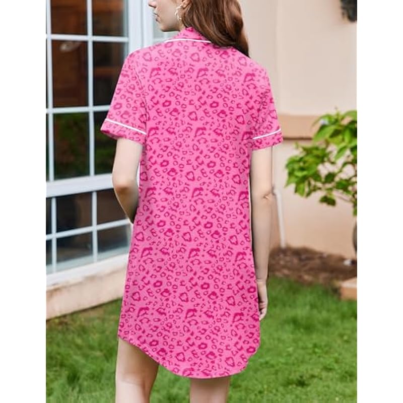 Ekouaer Nightgowns for Women Button Down Sleepshirt Short Sleeve Nightshirt Boyfriend Pajamas V Neck Nightdress S-XXXL 상세이미지 3