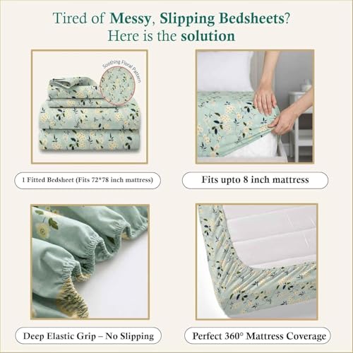 Image of 350 TC Premium Heavy Cotton Feel Elastic Fitted Bedsheet King Size with 2 Frill Pillow Covers King Size || Double Bed with All Around Elastic (Green Floral, Queen)