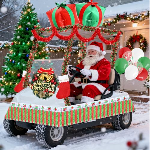 JarThenaAMCS Christmas Parade Golf Cart Decoration Kit with Red Green White Sequin Balloons Xmas Wreath Stocking Gift Box Tinsel Garland Foil Fringe Curtain for Holiday Party Decor