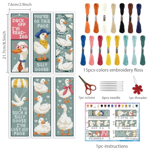 Image of INFUNLY 6PCS Duck Cross Stitch Bookmark Kit for Beginners 2.99''x8.54'' Duckling Stamped Embroidery Bookmark Kits with Words Animals Needlepoint Bookmark Kit with Instruction for Book Lovers Readers