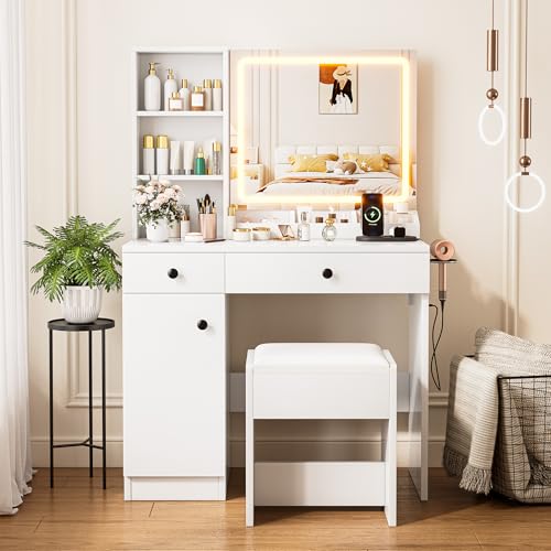 KAMABOKO Modern Vanity Desk with HD Mirror and Adjustable Lights, Makeup Table with Power Outlet, 2 Drawers & Large Cabinet, White Dressing with Stool for Girls Bedroom