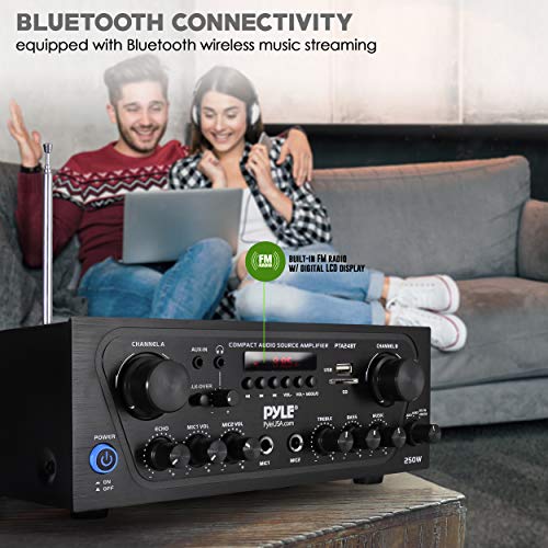 Pyle 2-Channel Bluetooth Home Stereo Amplifier - 250W Wireless Audio Receiver, Karaoke Optimized: Dual Mic In with Echo, Mic Talk-Over, FM Radio, USB-A MP3 Player, RCA, AUX, Remote Ctrl - PTA24BT by Pyle - Used condition - Image 5
