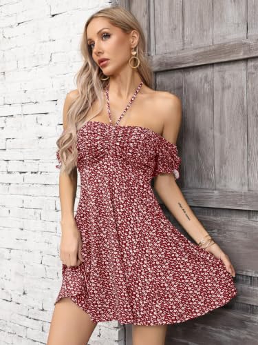 Image of Missufe Women's Puff Short Sleeve Drawstring Ruched Front Fit and Flare Floral Summer Casual Short Dress