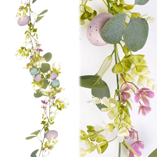 Guirlande de Pâques - 1,8 m - Guirlande de fleurs de Pâques avec œufs de Pâques - Décoration de printemps artificielle - Guirlande d'œufs d'eucalyptus -...