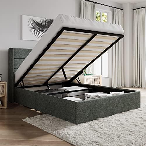 SHA CERLIN Queen Size Lift Up Storage Bed/Modern Wingback Headboa...