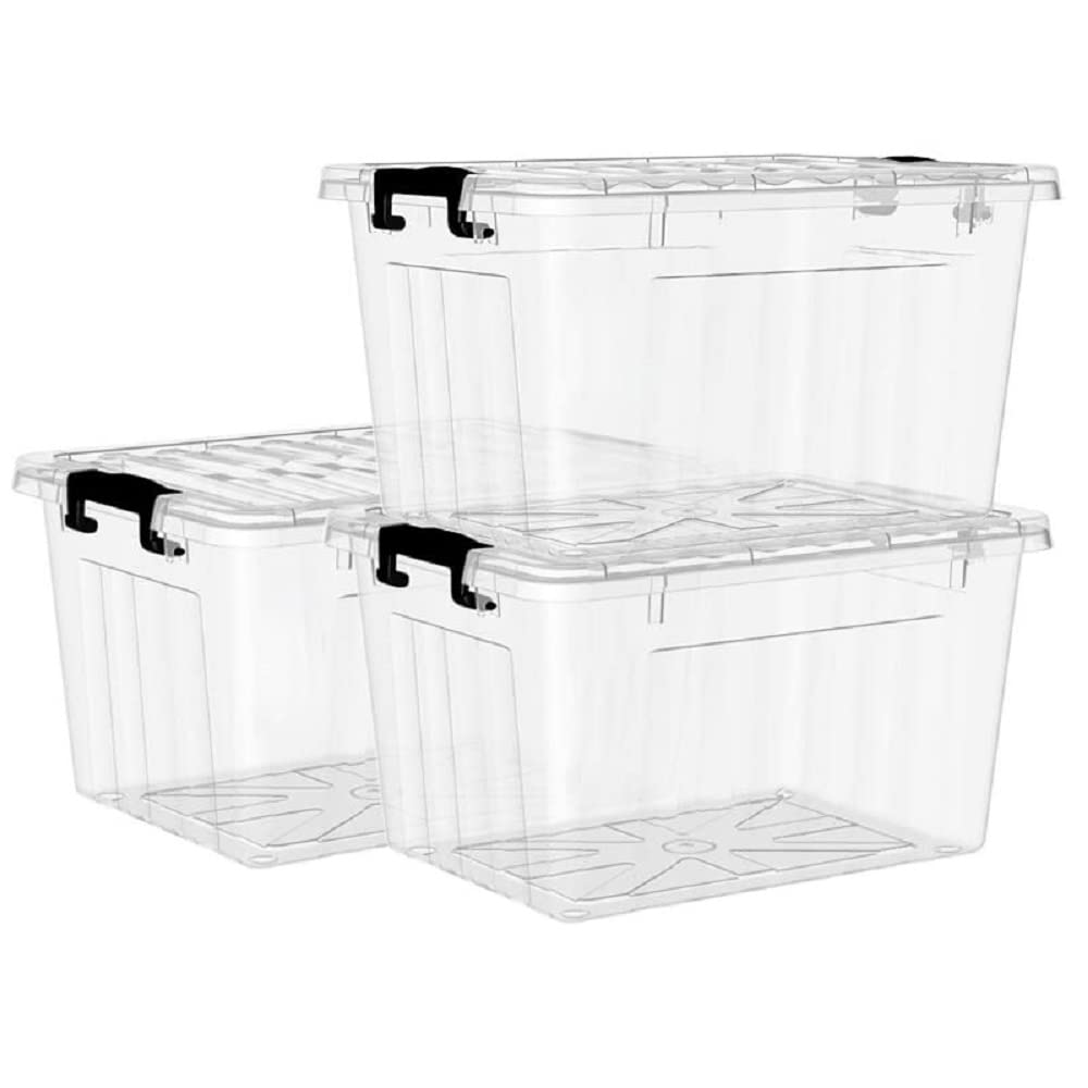 Cetomo 15L*3 Storage Boxes with Lids, Plastic Storage Bins with Latching Buckles, Click Closure, Stackable, Nestable, Clear Organizer for Home Office Clothes, Transparent, 15L-3 Pack