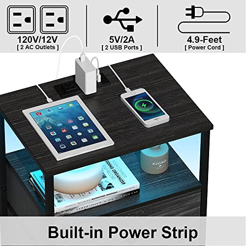 Tohomeor End Table With Charging Station Led Light Nightstand Bedroom Bed Side Dresser With 3 Fabric Drawers Open Storage Shelf Living Room Sofa End Table With Usb Ports And Outlet (Charcoal, 1 Pack) #TOP3