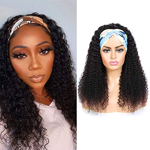 Curly Wave Headband Wigs 1B Natural Black Human Hair Wigs Glueless None Lace Front Wigs for Black Women Virgin Hair Machine Made Headband Wig with Headband 180% Density 18 inch
