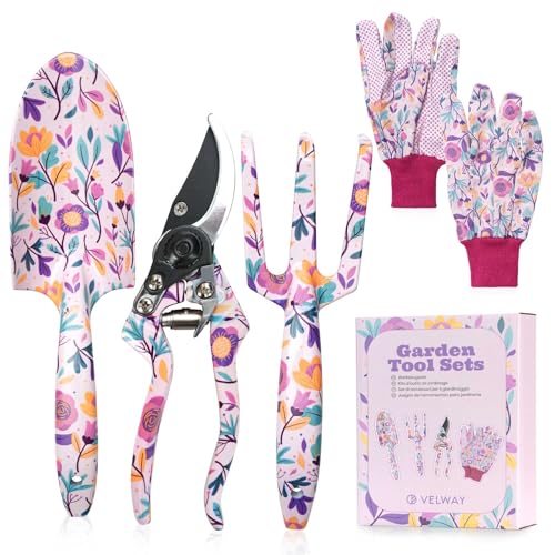 Velway Juego de Herramientas de Jardinería 5 Piezas, Herramientas de Metal con Diseño Floral, Guantes y Caja de Regalo, Ideal para Mujeres, Día de la Madre, Navidad, Cumpleaños