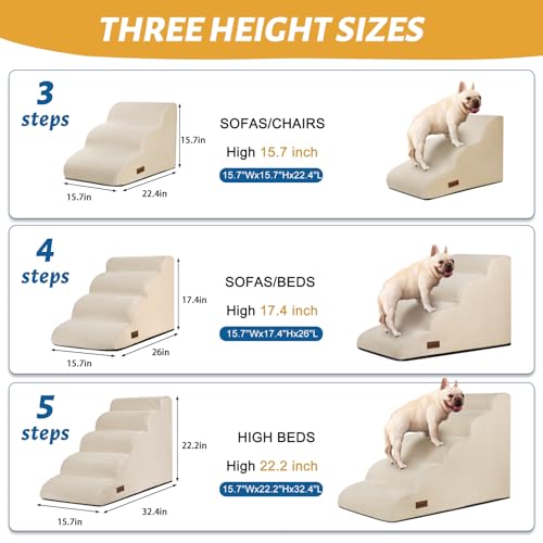 Image of Aodisman Dog Steps for Bed or Couch,4-Step Pet Stairs Ramp for Small Dogs | 17.4 inch H Indoor Non-Slip Dog Stairs Help Senior Dogs,Short-Legged Breeds,Puppies and Cats to Reach Beds and Chairs,Grey,Beige