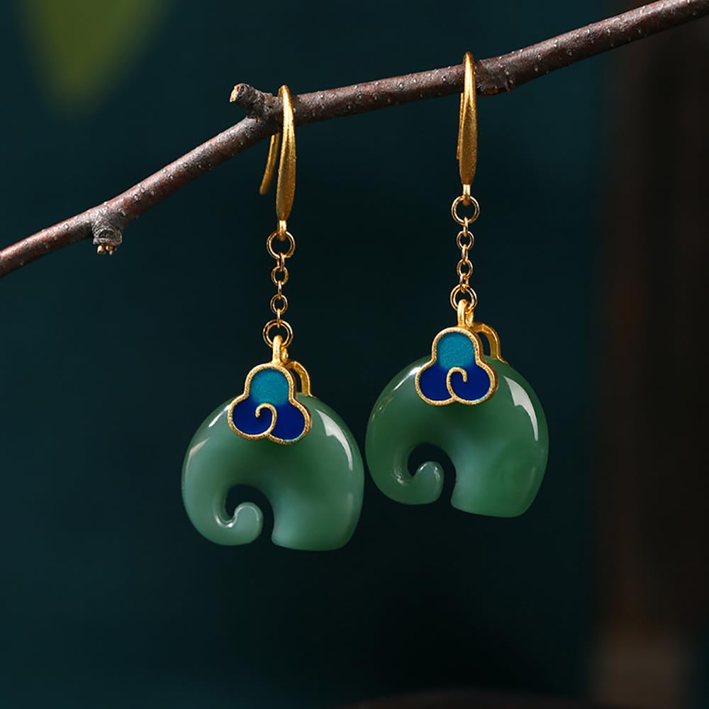 WBDWWTD Auspicious Clouds Elefantenförmige Emaille- und Hetian-Ohrhänger, exquisiter Vintage-Jade-Schmuck aus Sterlingsilber, Geschenke für Frauen