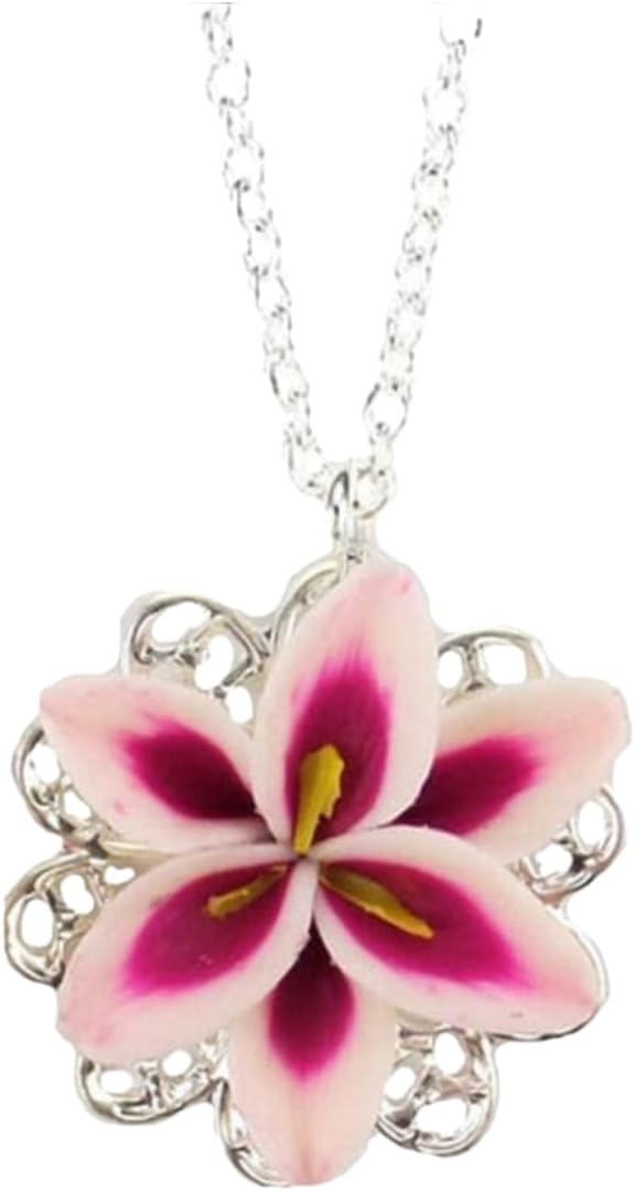 Pink Stargazer Lily Filigree Pendant Necklace