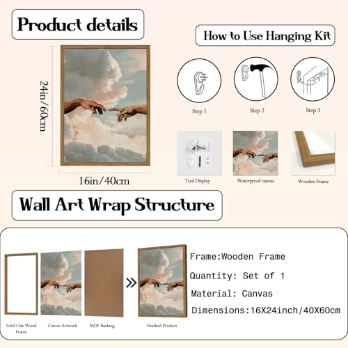 Image of Vintage Wall Art Christian God Hand Wall Decor Painting The Creation of Adam Poster Canvas Prints Religious Creation Artwork for Prayer Room Living Bedroom 16x24 inch Wood Framed