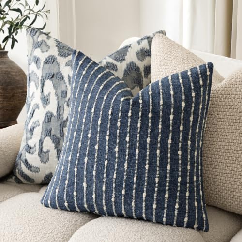 Image of Foindtower Decorative Striped Boucle Throw Pillow Covers 20x20 Dark Blue