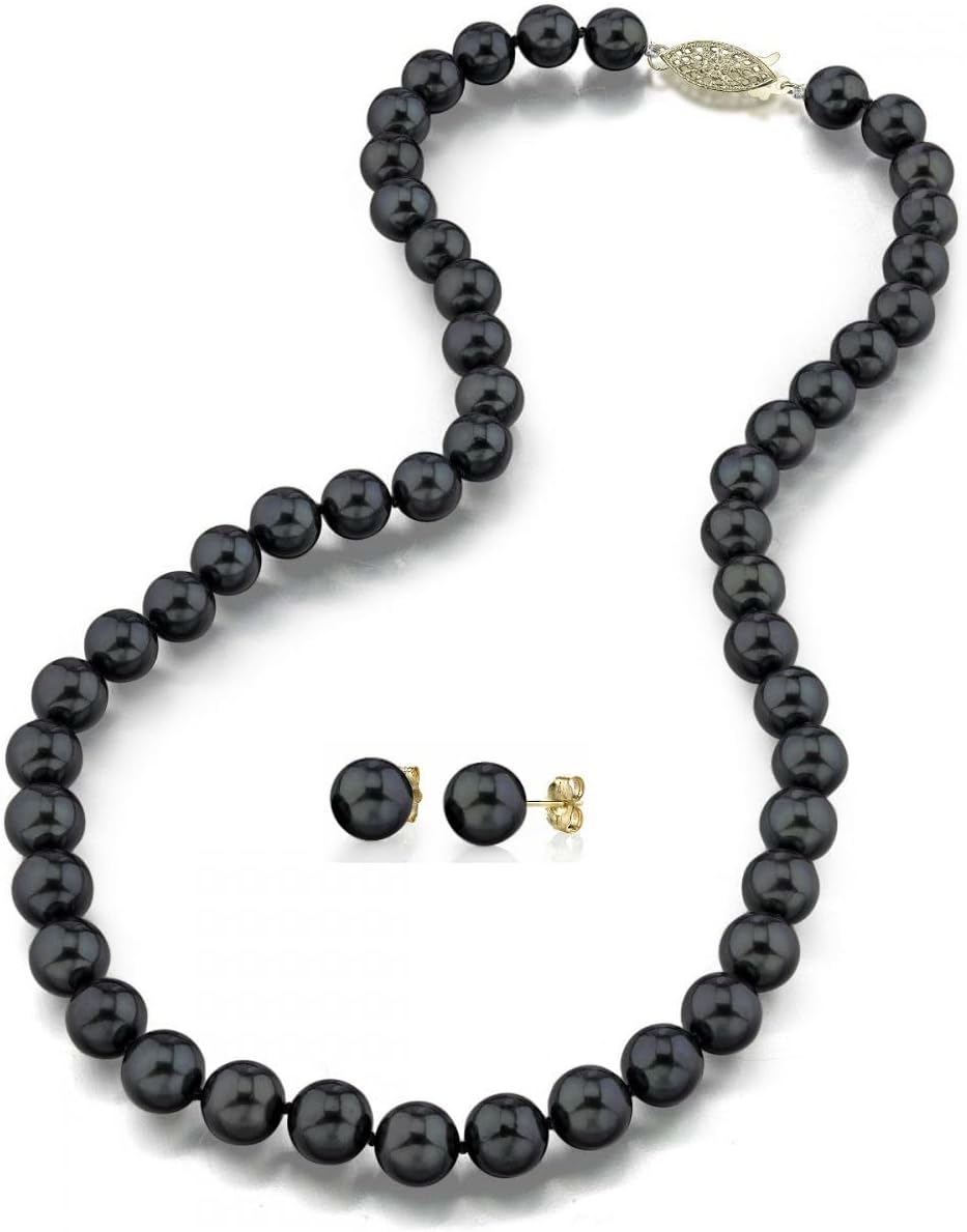 The Pearl Source 14K Gold 6.0-6.5mm AAA Quality Round Black Akoya Cultured Pearl Necklace & Earrings Set in 17" Princess Length for Women