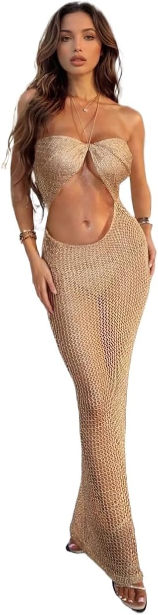 Sexy Knit Backless Spaghetti Strap Hollow Out Beach Dress, Women's Swimsuit Cover Up, Summer Party cover ups for swimwear
