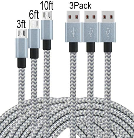 Frieso 3Pack 3FT 6FT 10FT Premium Micro USB Charging Cable High Speed Extra Long USB Charger for Android,Samsung,Nexus, HTC, Motorola, Nokia,HUAWEI and More.(Gray)