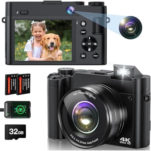 4K Digital Camera for Photography, 64MP Autofocus Vlogging Camera for YouTube with Selfie Lens, Compact Travel Video Camera with Flash, 16X Zoom, Anti-Shake, 32GB Card, 2 Batteries (Black)