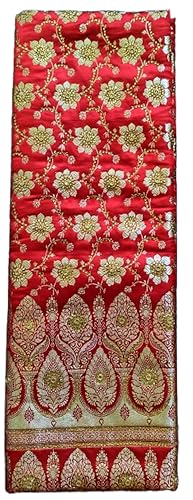 Banarasi Katan Silk Bridal Saree Floral Design Stone Woven with All over Golden Zari Border - Red