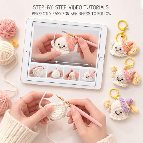 Image of HOUSE CREATIVITY Crochet Keychain Kit for Beginners, Make 3 Mini Ghost Charms, Crochet Kits with Video Tutorial, Complete Set with Yarn, Hook & Keyring, Cozy Stress Relief Gift for Adults & Kids