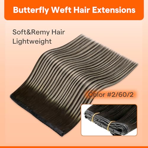 Image of Full Shine Butterfly Weft Human Hair Extensions 22 Inch 100g | Dark Brown with Platinum Blonde Highlights, Double Layer Weft, Fullness Boost, Office Daily Wear, Party Look, Easy Micro Bead
