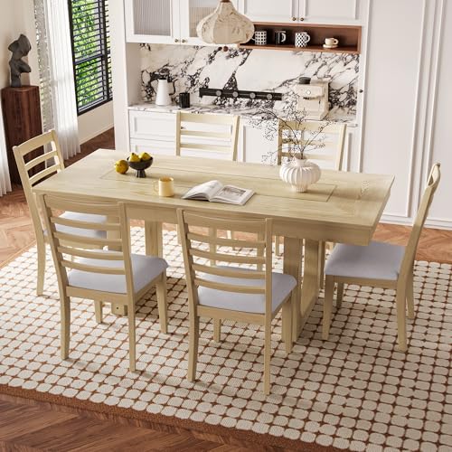 Extendable Dining Table Set for 6 Person,63"-78"Farmhouse Wooden Kitchen Table Set With 6 Chairs,Long Expandable Dining Top With Wood Base For Gatherings,Meeting,Space Saving for Apartment Conference