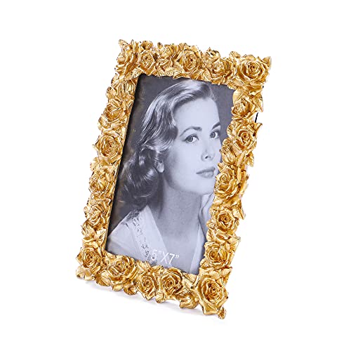 5X7 Inch Vintage Picture Frame, Art Deco Photo Frame,Photo Display,Small Size Tabletop Wall Hanging, Gift Ideas, Antique Golden Flowers #TOP2