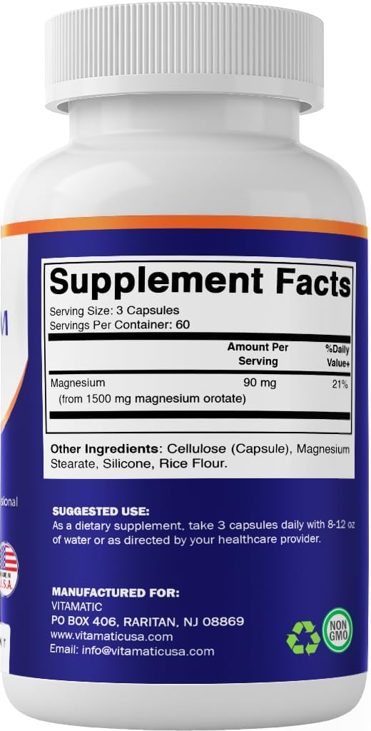 Vitamatic Magnesium Orotate Supplement – 1500mg per Serving, 180 Capsules – Supports Muscle, Nerve and Heart Health - Non-GMO, Gluten Free - 2 Pack