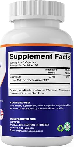 Miniatura 8 de Vitamatic Suplemento de orotato de magnesio  1500 mg por porción, 180 cápsulas  Apoya la salud muscular, nerviosa y cardíaca  Sin OMG, sin gluten  2