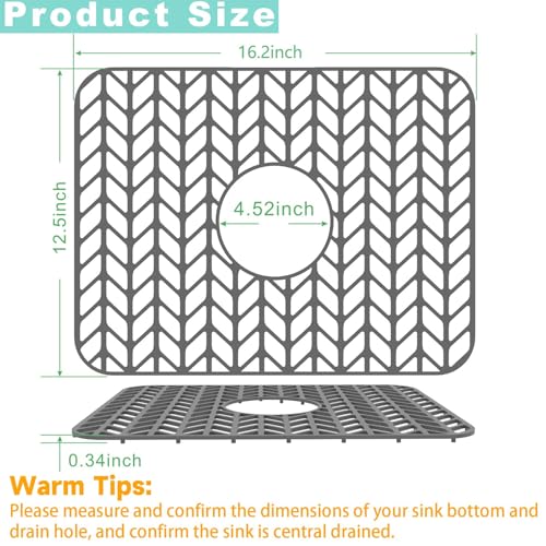 AWOKE Sink Protectors for Kitchen Sink | 16.2"x 12.5" Kitchen Sink Mats for Bottom of Kitchen Sink | Sink Inserts for Kitchen Sink of Stainless Steel Sink | Center Drain (Grey)
