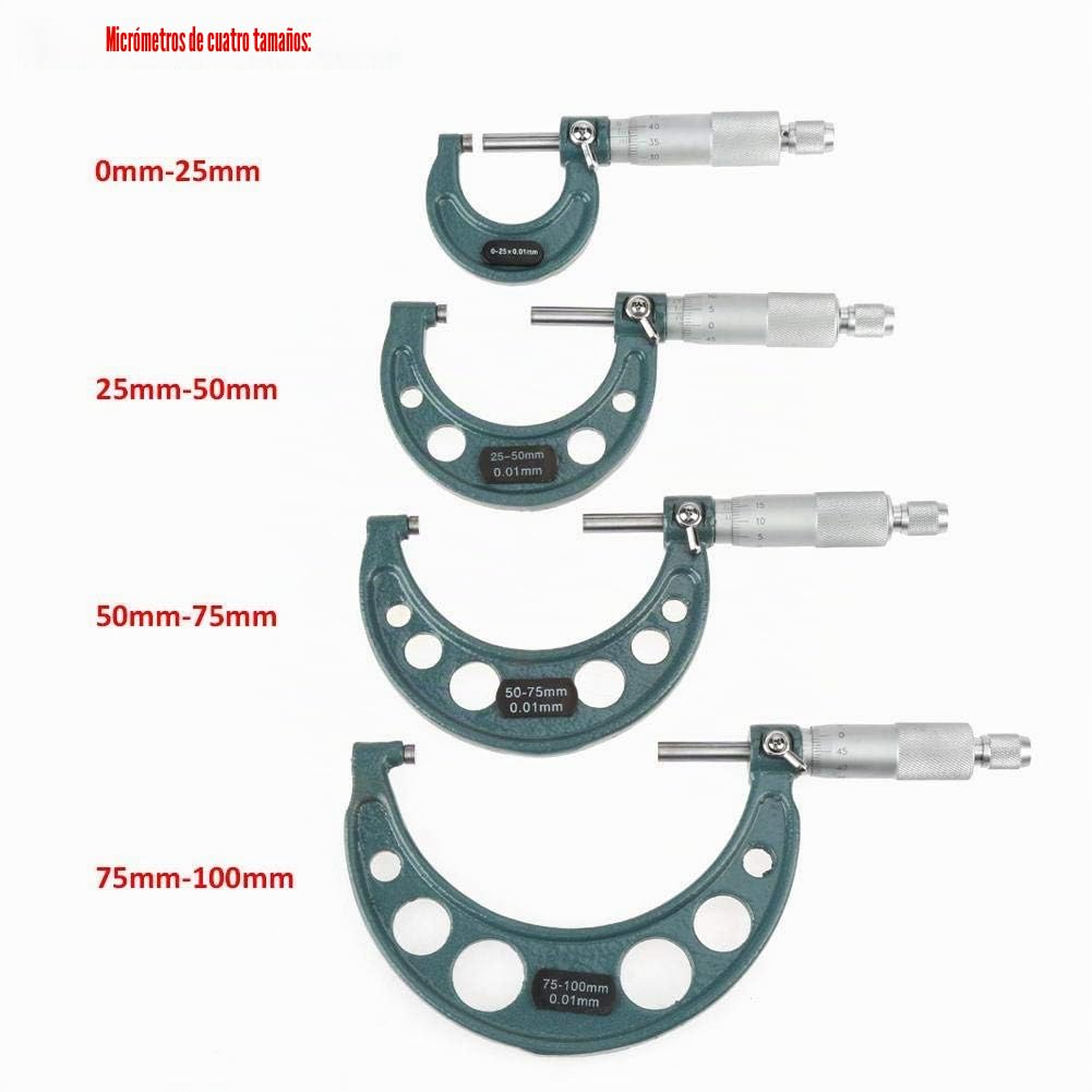 Juego de micrómetros exteriores métricos, 4 en 1 4 piezas Calibradores de medición de micrómetros externos de 0-100 mm con estuche, Carburo cementado duradero de calidad + Calibrador de medición