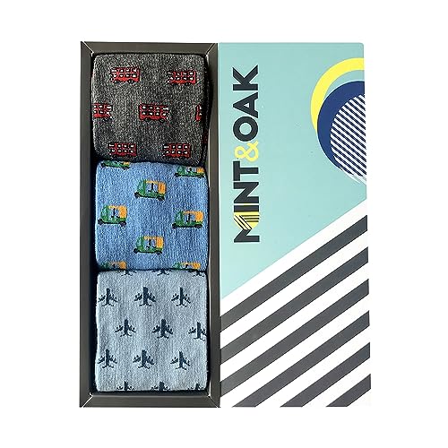 Image of Mint & Oak Printed Crew Socks For Men, Soft Cotton Calf Length Socks, Colorful Sock Gift For Men, Anti-Microbial & Odour Free, Funky Socks - Gift Box of 3