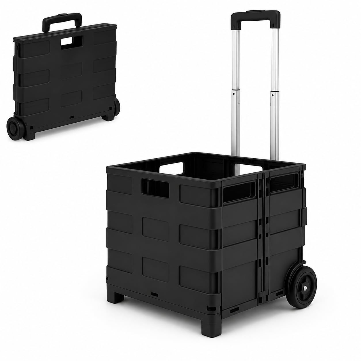 Foldable Shopping Trolley Cart with Wheels, Portable Collapsible Storage Crate, Lightweight Rolling Utility Cart with Extendable Aluminium Handle, Heavy Duty Grocery Laundry Transport Box (Black)