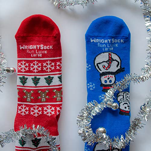 Wrightsock Run Luxe Christmas Stripes W/Logo- Cushion, Single Layer, Crew, Lightweight Comfort For Men And Women Walking Running Socks, Red/Christmas Stripes, Large #TOP4