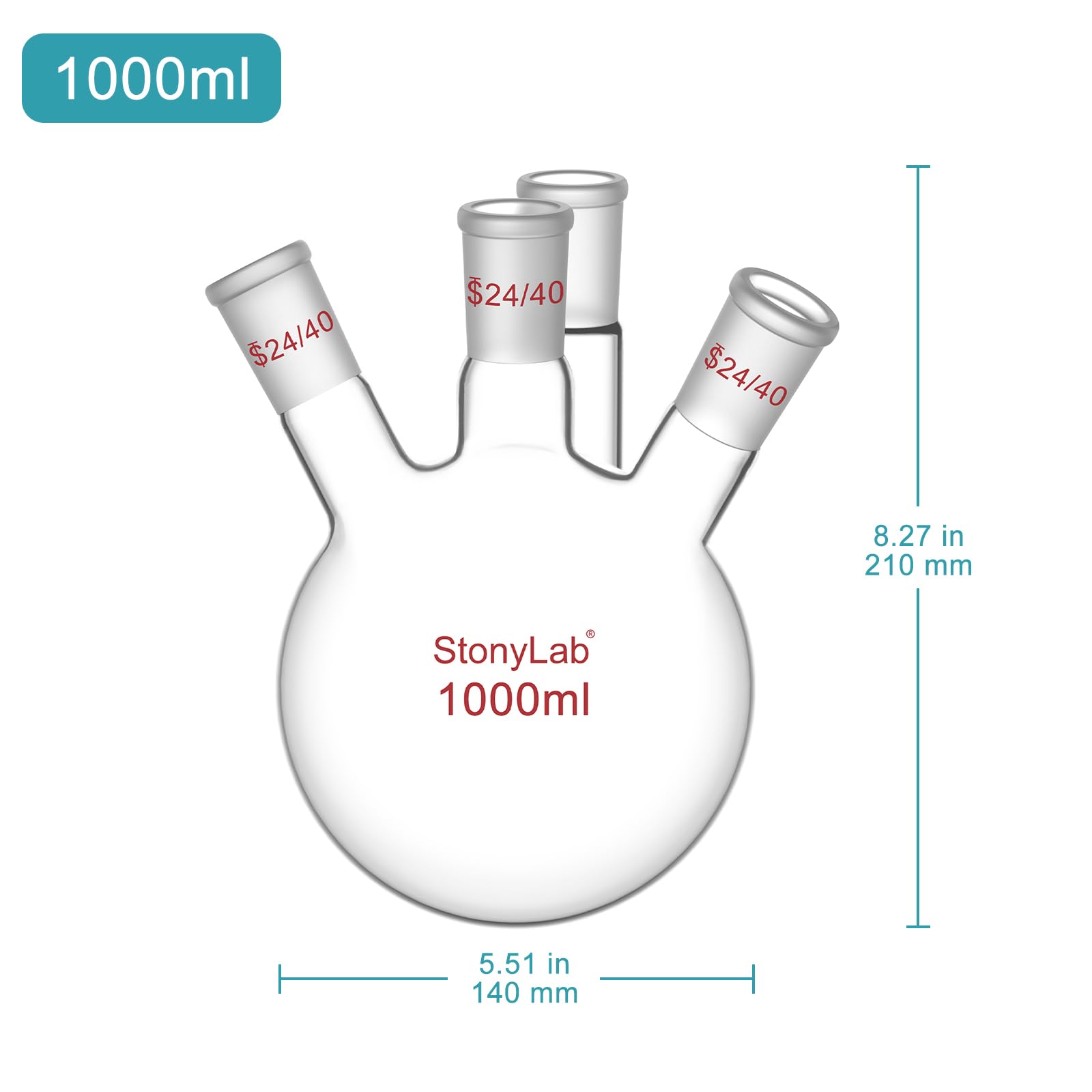 stonylab Matraz de Fondo Redondo RBF de 4 Cuello, Pared Pesada 4 Cuello Matraz de Lab Vidrio Borosilicato Matraz de Ebullición de Fondo Redondo con 24/40 Articulación Externa Cónica Estándar, 1000 ml