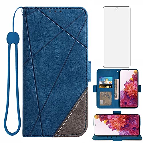 Compatible with Samsung Galaxy S20 FE Gaxaly S 20 FE 5G UW 6.5 inch Wallet Case and Tempered Glass Screen Protector Flip Card Holder Cell Phone Cover for Glaxay S20FE5G S20FE 20S Fan Edition 4G Blue