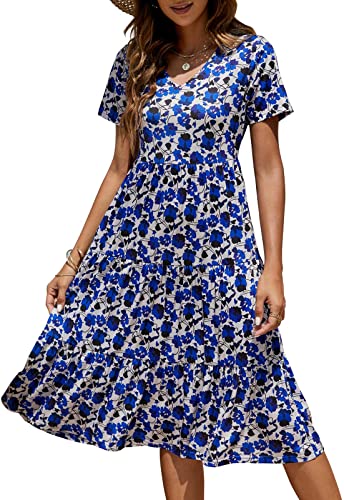 Image of Berydress Women's Casual Summer Tiered Midi Dress 2026 V Neck Boho Sundress | Short Sleeve Dresses for Women, Loose Ruffle Babydoll Style, Cotton Blend Fabric, for Church, Going Out, Beach Vacation