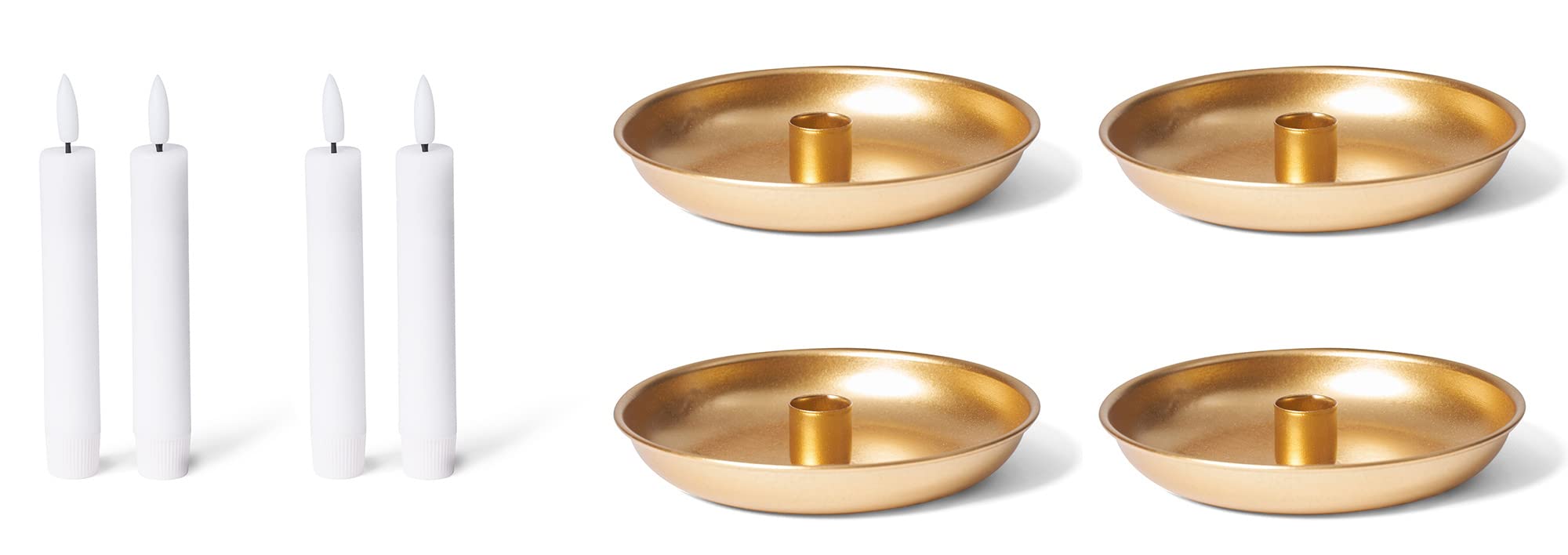 Novaliv Kerzenständer Stabkerzen 4er-Set Gold 18cm mit elektrischer LED Stabkerze batteriebetrieben Flackereffekt Adventskranz Kerzenteller scandic chic Weihnachten Dekoschale Tischdeko modern