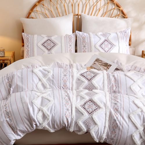 Image of Herside Light Brown 100% Cotton Boho Duvet Cover Set Queen Size, 3-Piece Tufted Textured Modern Boho Moroccan Bedding, Aztec Geometric Farmhouse Comforter Cover with 8 Corner Ties & Double Zipper
